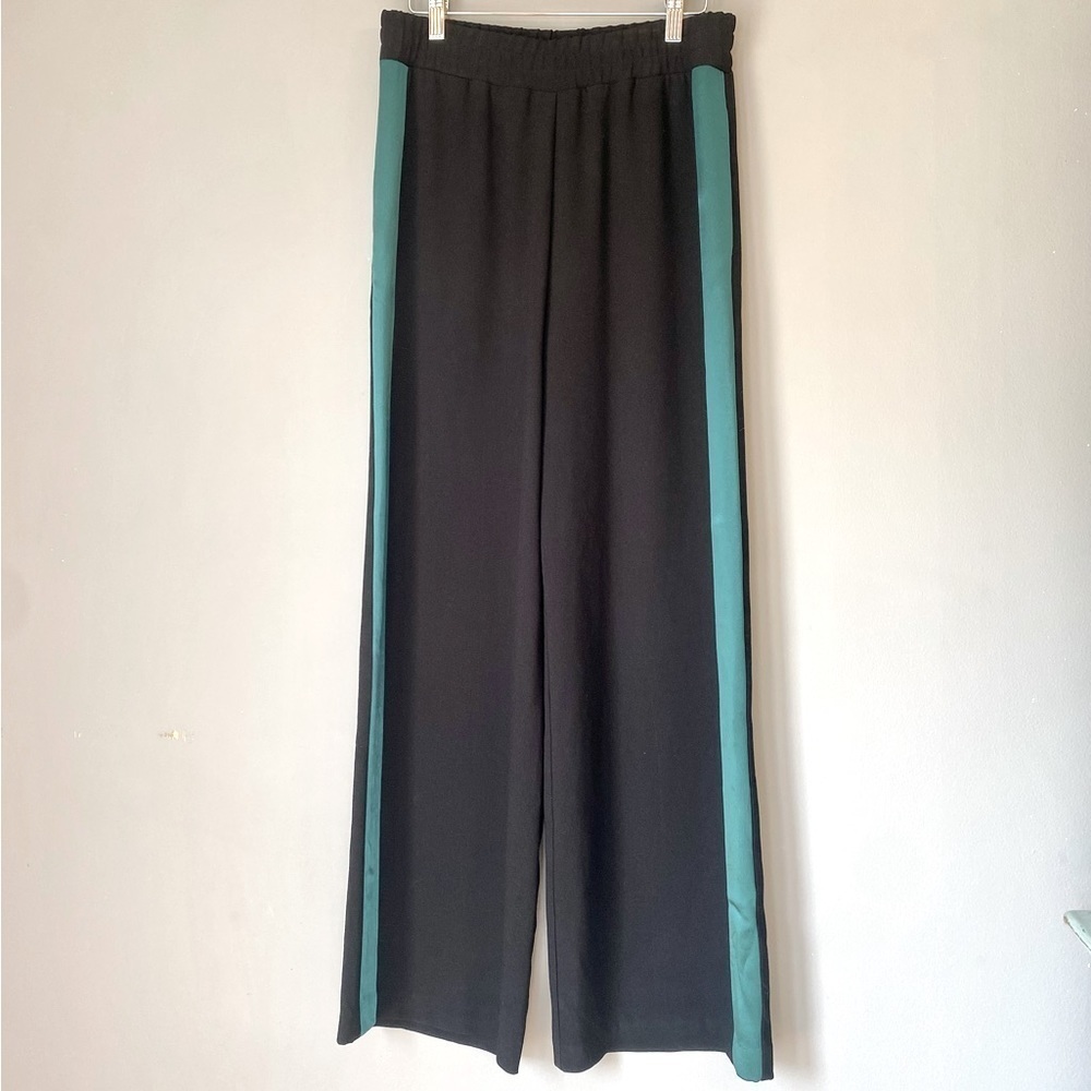Maje Parmane High-Rise, Black & Green, Side-Striped, Wide-Leg, Crepe Trousers